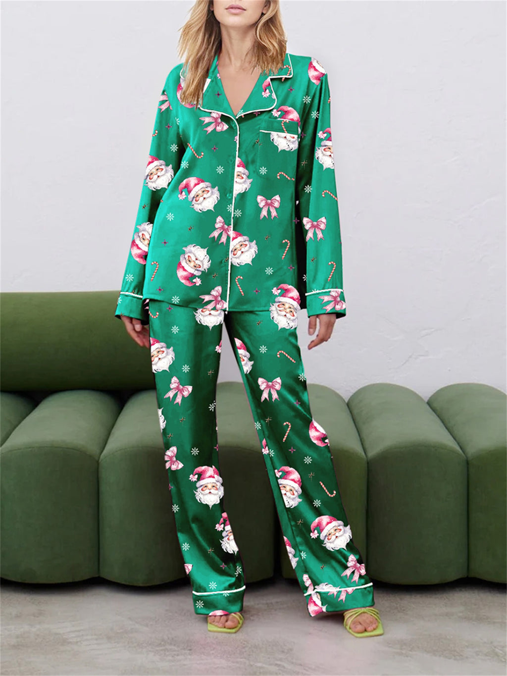 Women Christmas Pajama Set, Santa Claus Print Long Sleeve Shirt with Pants Sleepwear Loungewear