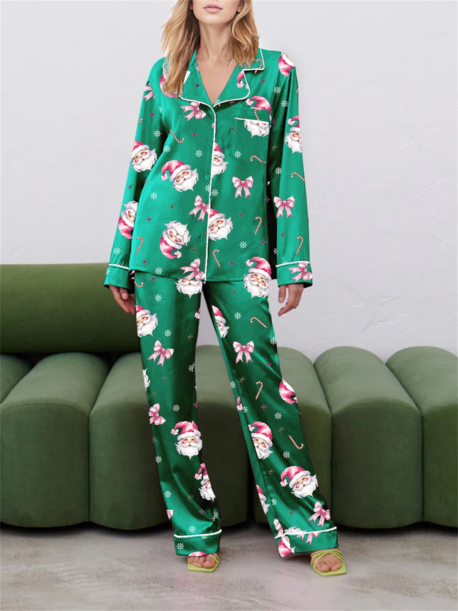 Women Christmas Pajama Set, Santa Claus Print Long Sleeve Shirt with Pants Sleepwear Loungewear