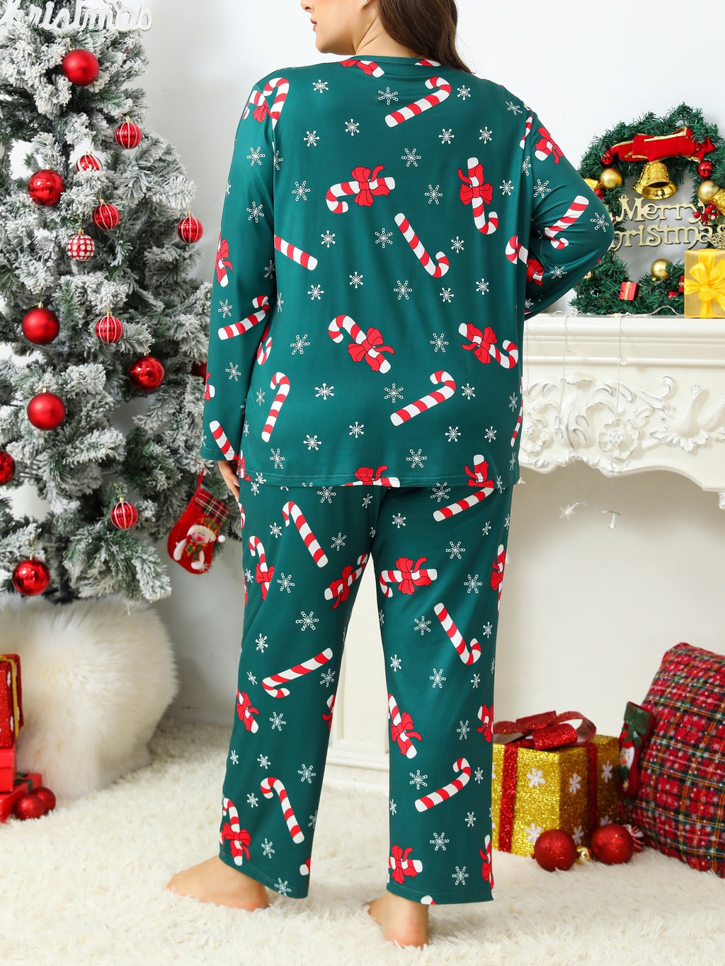 Adult Plus Size Christmas Pajama Set - Casual Knit Fabric, Long Sleeve, Polyester, Holiday Snowflake & Candy Cane Print, Cozy Fall/Winter Sleepwear