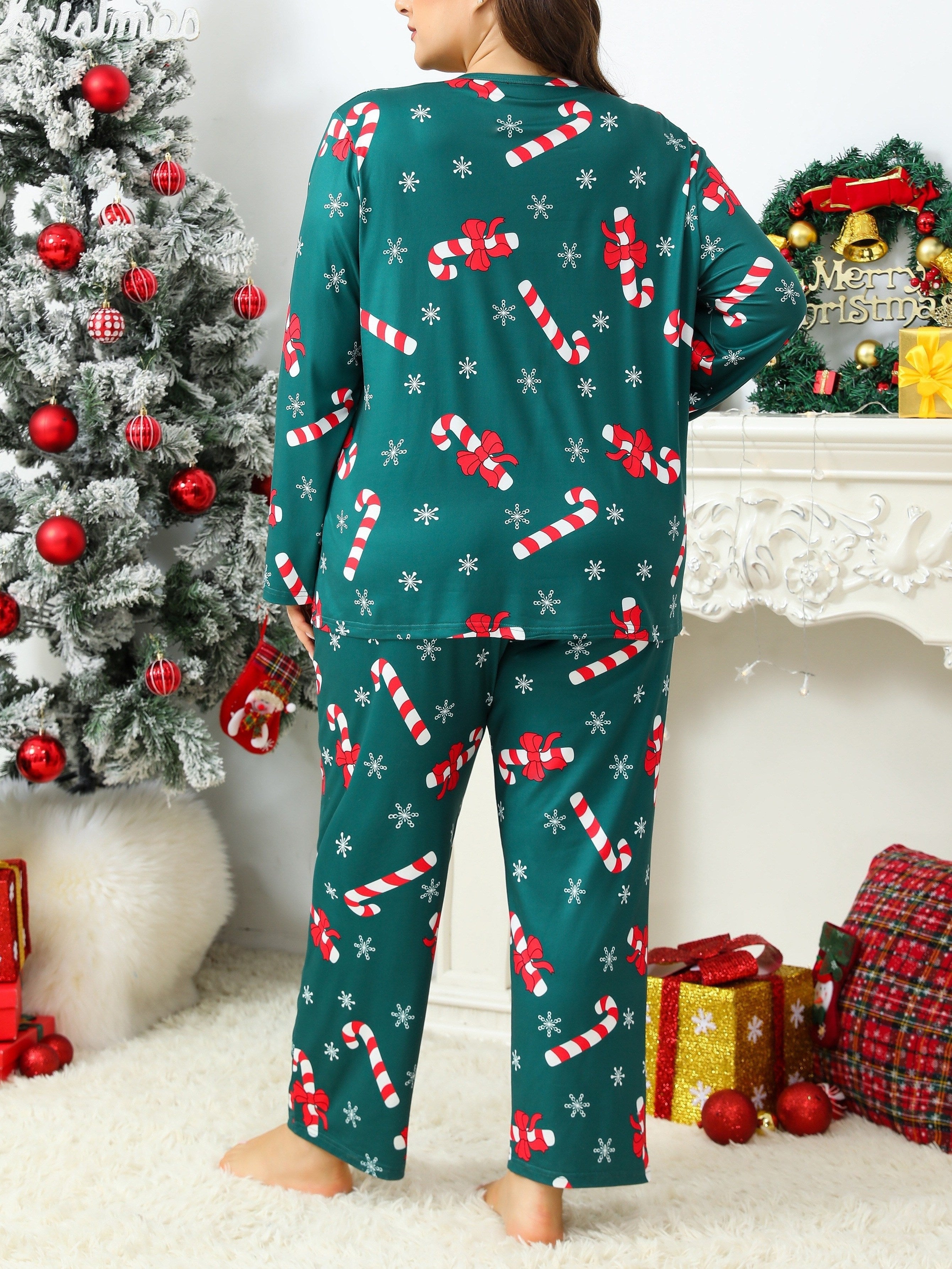 Adult Plus Size Christmas Pajama Set - Casual Knit Fabric, Long Sleeve, Polyester, Holiday Snowflake & Candy Cane Print, Cozy Fall/Winter Sleepwear