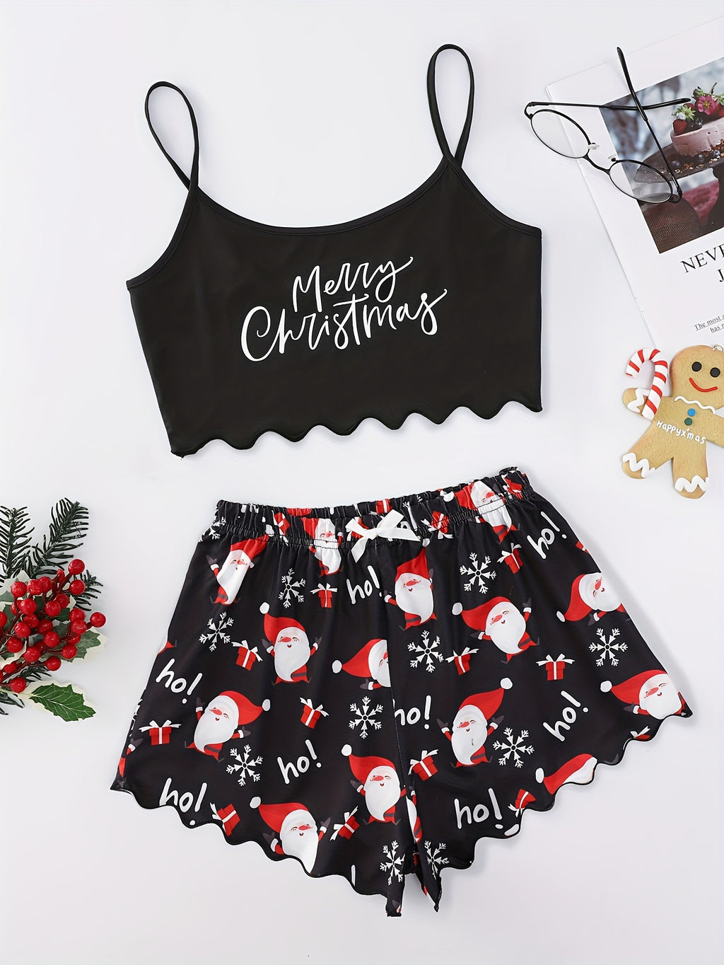 Women's Festive Christmas Pajama Set - Cozy Polyester Cami Top & Shorts with Santa Print, Machine Washable