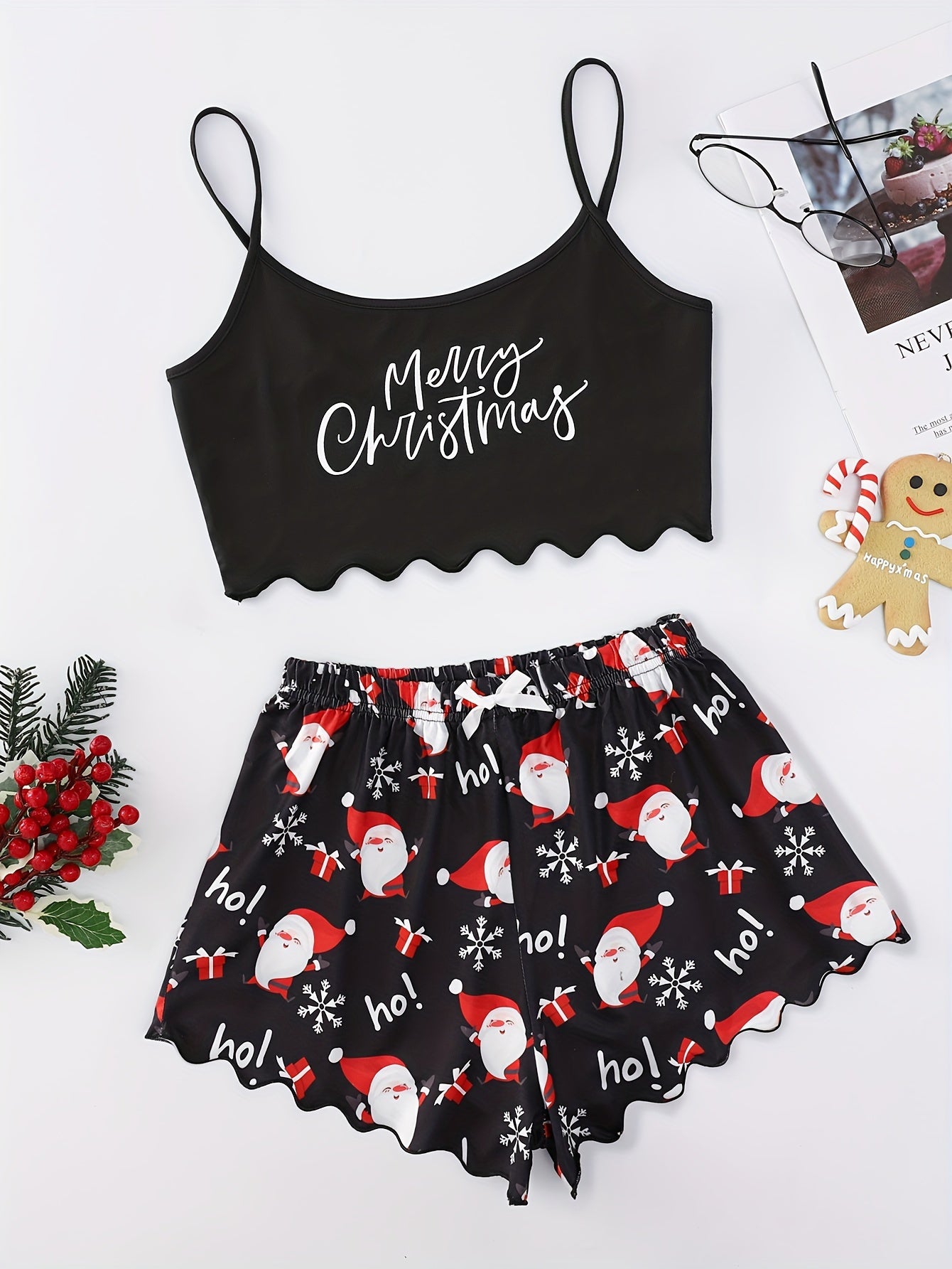 Women's Festive Christmas Pajama Set - Cozy Polyester Cami Top & Shorts with Santa Print, Machine Washable