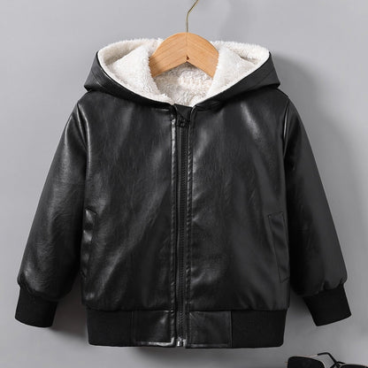 Boys' Faux Leather Jacket with Fleece Lining Thickened Winter Coat Full-Zip Closure Machine Washable Casual Style for Fall/Winter Regular Fit