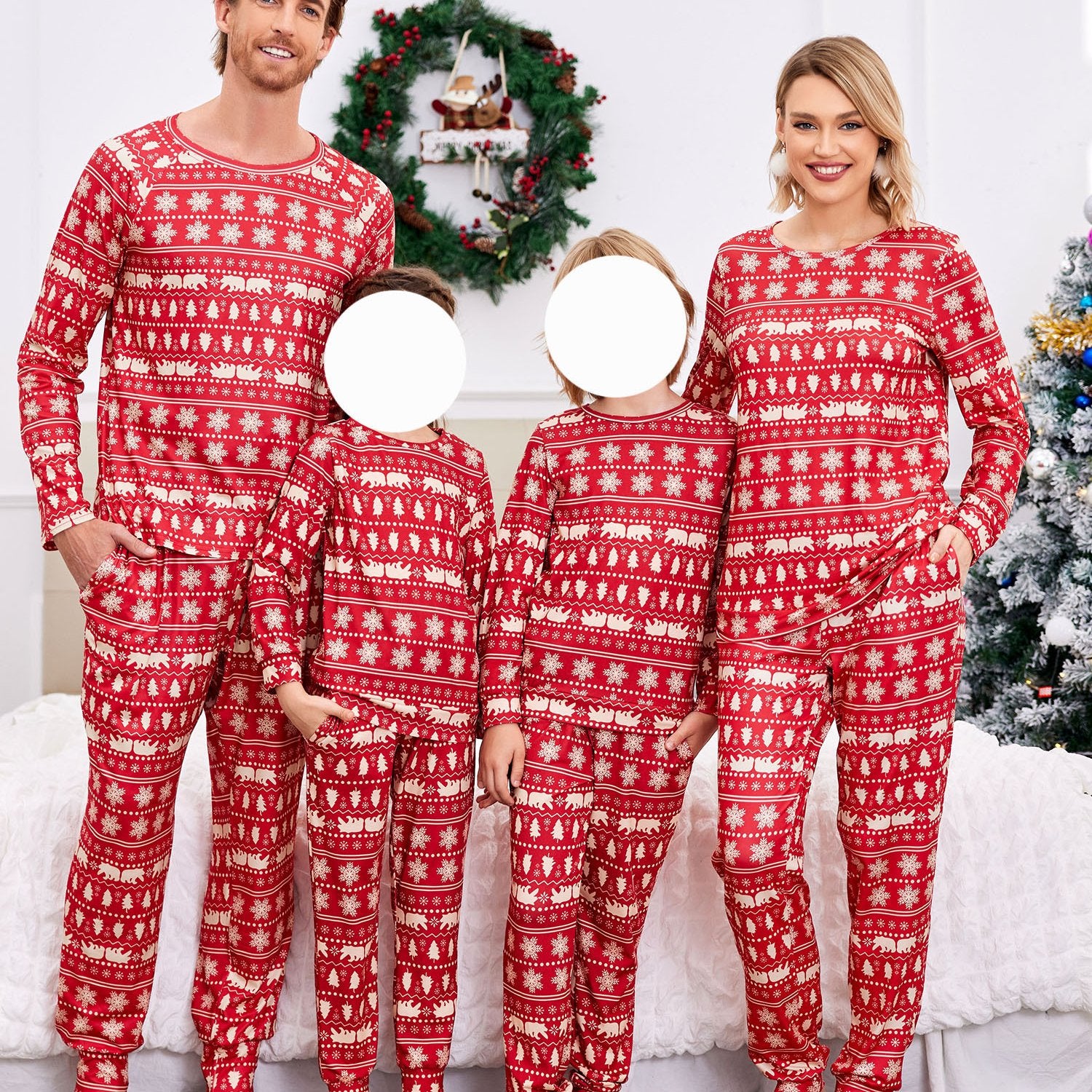 ELESOL Christmas Pajama Sets for Adults - Festive Long Sleeve Pajama Pants and Top Set with Pocket, Polyester 95%, Spandex 5%, Casual Style, Round Neck, Pullover, Cozy Winter Sleepwear for Couples and Family
