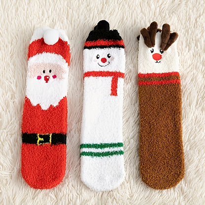 3 Pairs Cozy Christmas Socks for Women - Warm Mid-Calf Santa & Reindeer Design, Soft Plush Material, Perfect for Winter Holidays.
