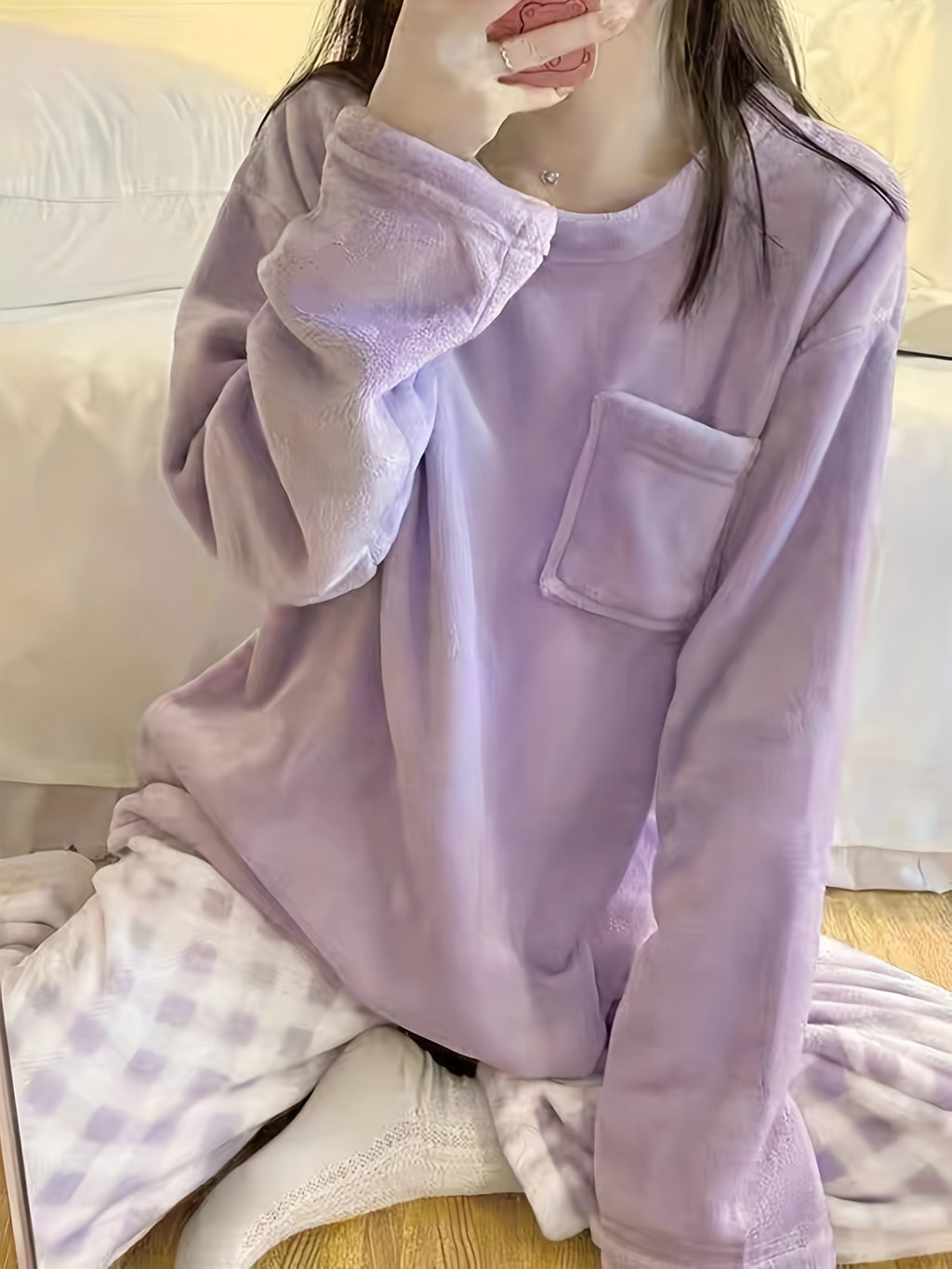 Winter Warm Velvet Pajama Set, Plaid Pattern Pajama, Solid Color Casual Home Wear Set