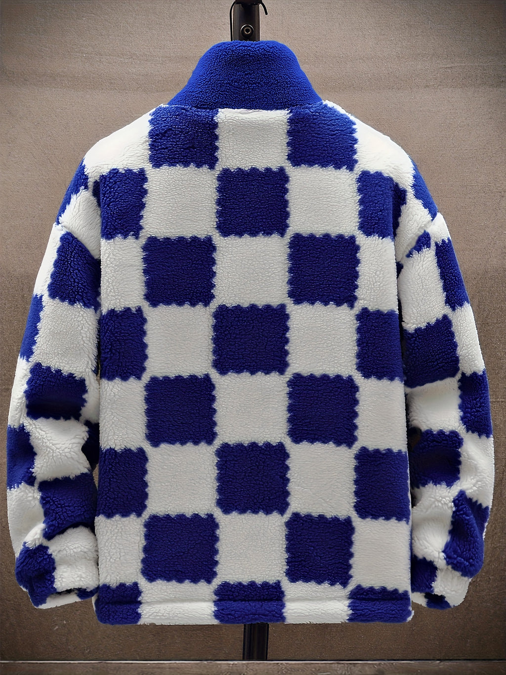 [Plush Winter Coat] Blue & White Plush Checkered Winter Coat | Men's Loose Fit, Stand Collar, Zip-Up Jacket with Drawstring Hood, Casual Style for Fall/Winter
