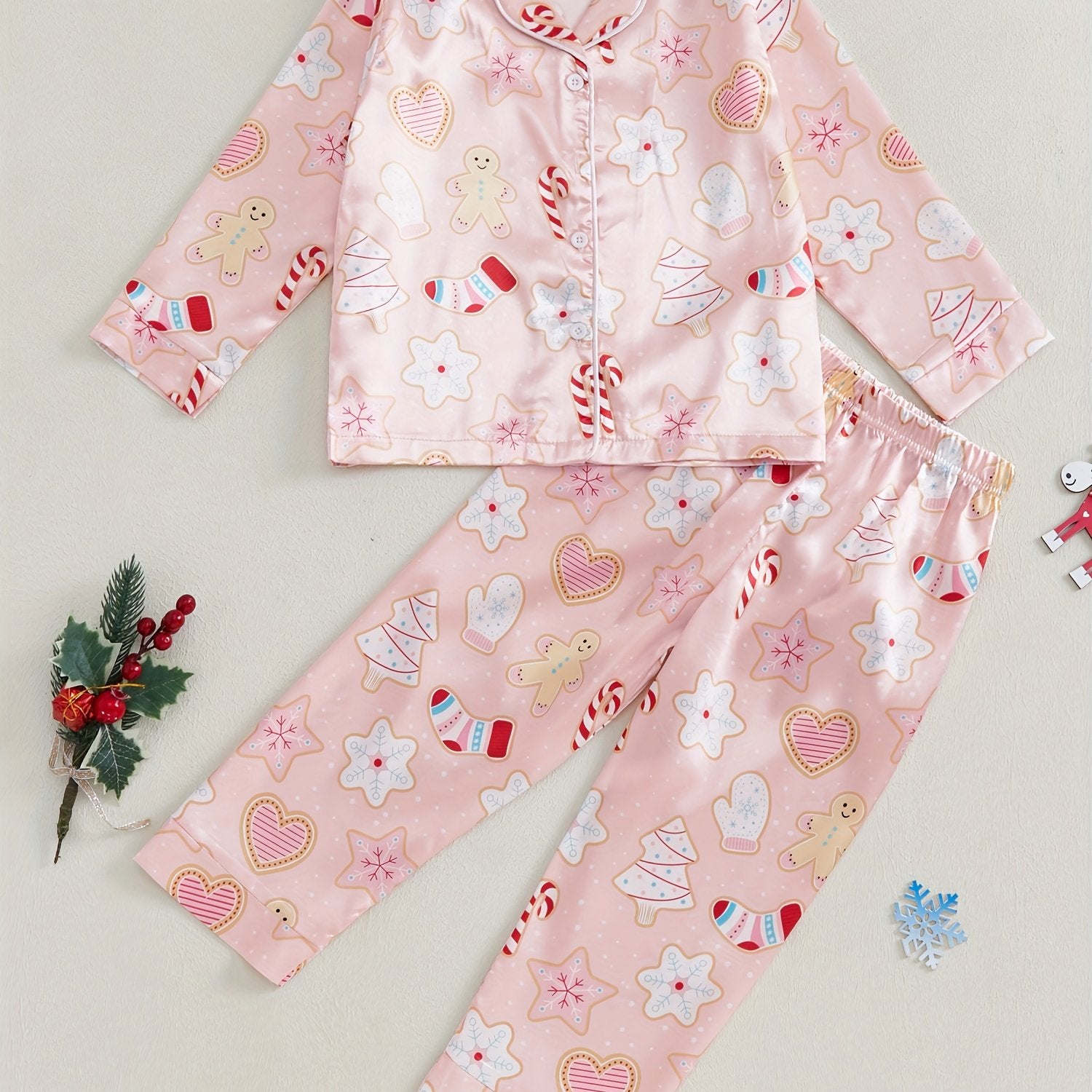 Kids Christmas Pajama Sets Gingerbread Man/Candy Cane Print Lapel Neck Button-up Tops Long Pant Loungewear