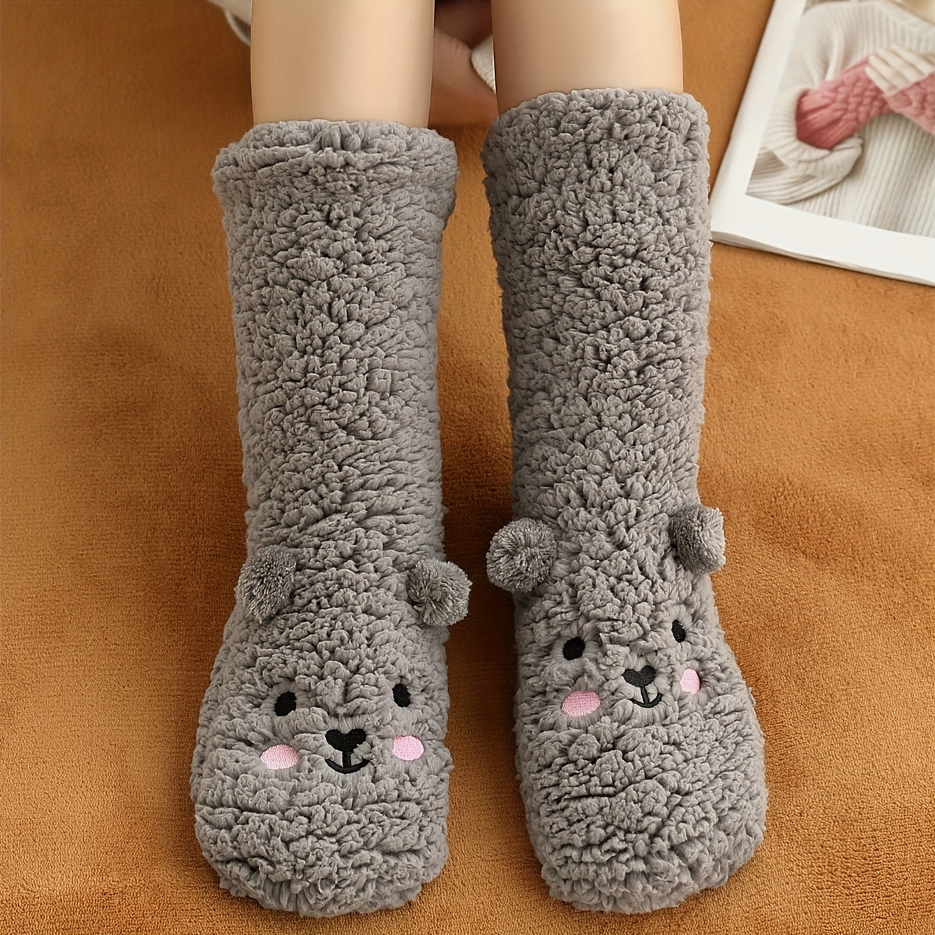 Cozy Coral Fleece Winter Socks for Women - Cute Cartoon Design, Non-Slip Floor Grip, Plus Size Sleeping & Fuzzy Mid-Calf Socks.