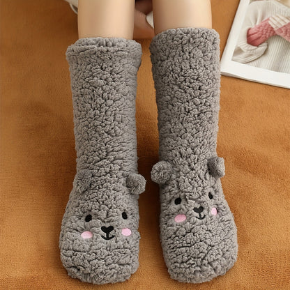 Cozy Coral Fleece Winter Socks for Women - Cute Cartoon Design, Non-Slip Floor Grip, Plus Size Sleeping & Fuzzy Mid-Calf Socks.