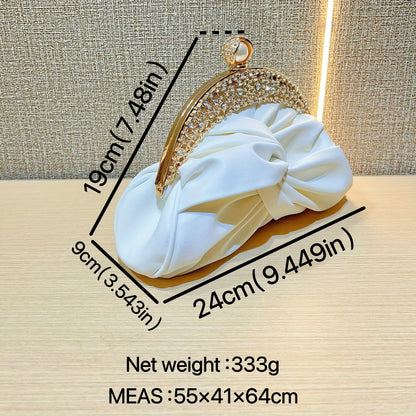 Elegant White Mini Clutch with Golden Rhinestone Crown, Removable Shoulder Strap, and Pearl Accents - Perfect for Evening Parties, Banquets, and Special Occasions, Ladies' Handbag