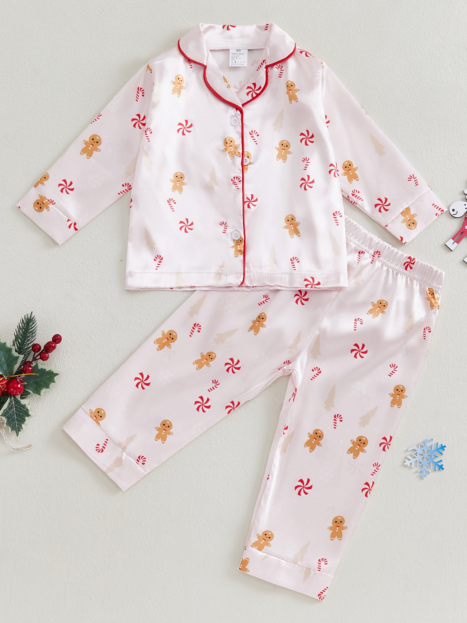 Kids Christmas Pajama Sets Gingerbread Man/Candy Cane Print Lapel Neck Button-up Tops Long Pant Loungewear