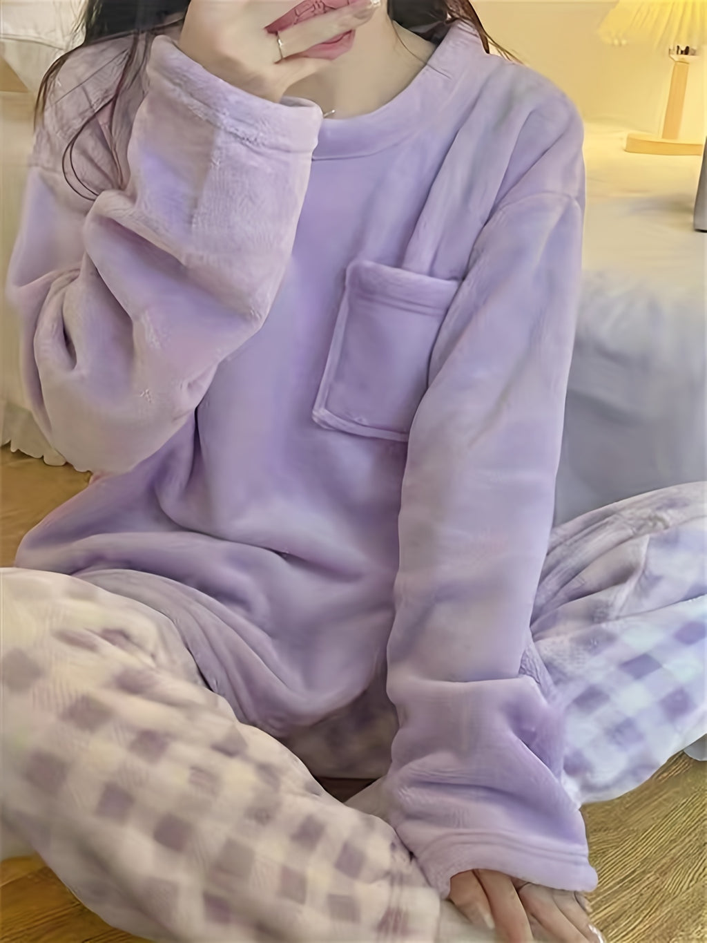 Winter Warm Velvet Pajama Set, Plaid Pattern Pajama, Solid Color Casual Home Wear Set