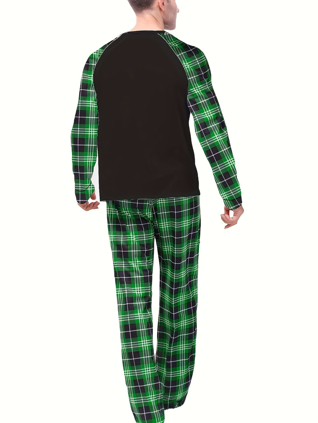 Long Sleeve Plaid Men'S Christmas Pajama Set, Elastic Waist, Cartoon Print, Party Style, Knit Polyester Fabric, Home Loungewear