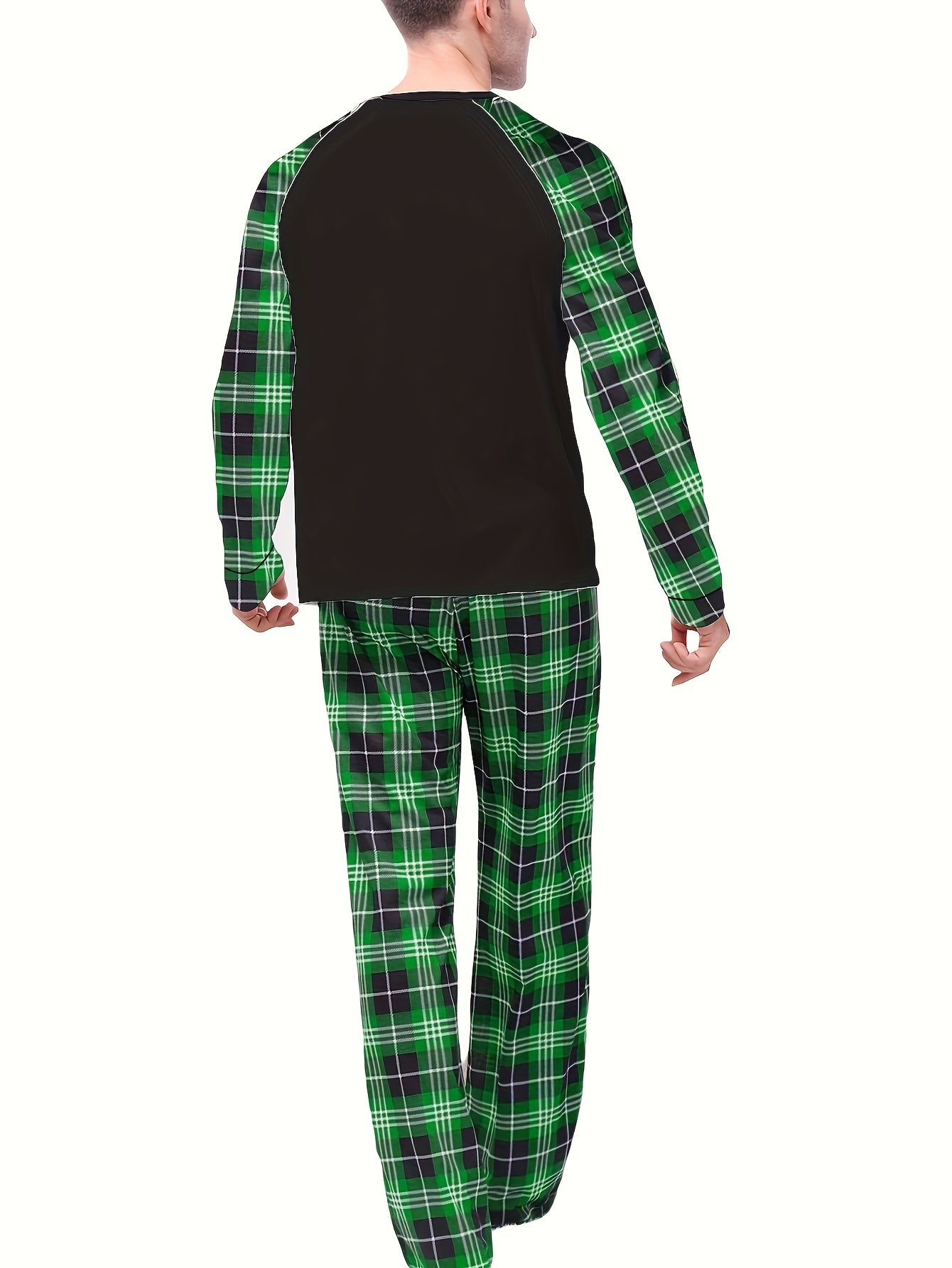 Long Sleeve Plaid Men'S Christmas Pajama Set, Elastic Waist, Cartoon Print, Party Style, Knit Polyester Fabric, Home Loungewear