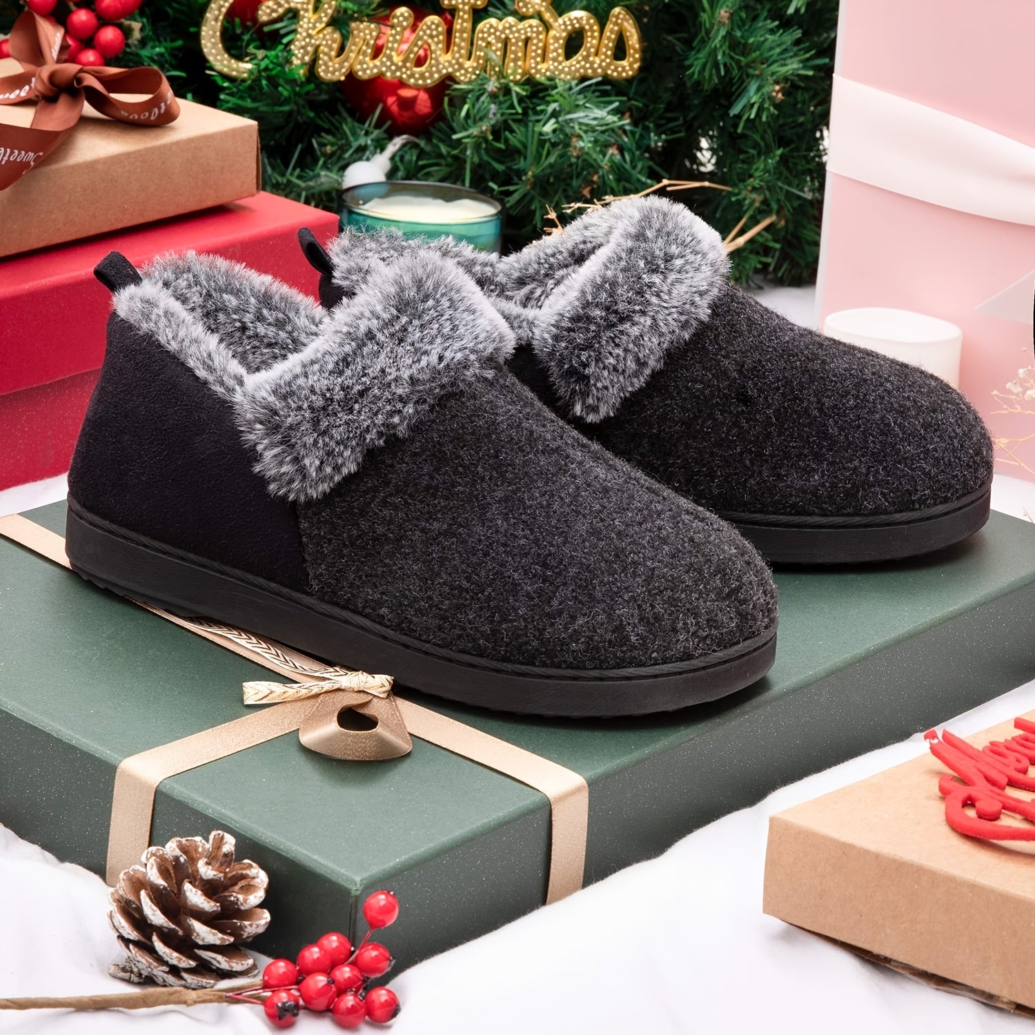 [Fuzzy Plush Household Shoes] Fuzzy Fleece Liner Cozy Plush Household Shoes - Memory Foam Slip-on Shoes for Women