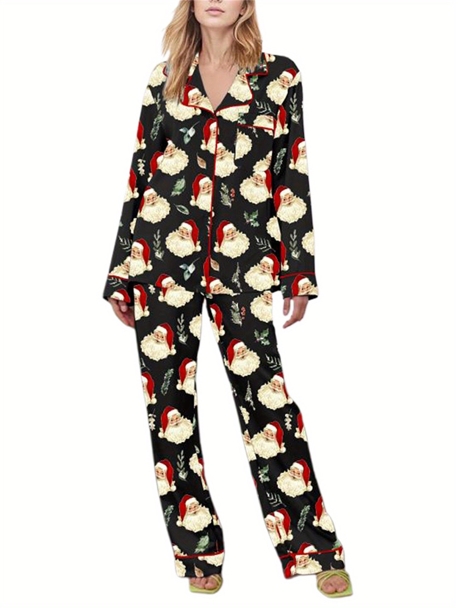 Women Christmas Pajama Set, Santa Claus Print Long Sleeve Shirt with Pants Sleepwear Loungewear