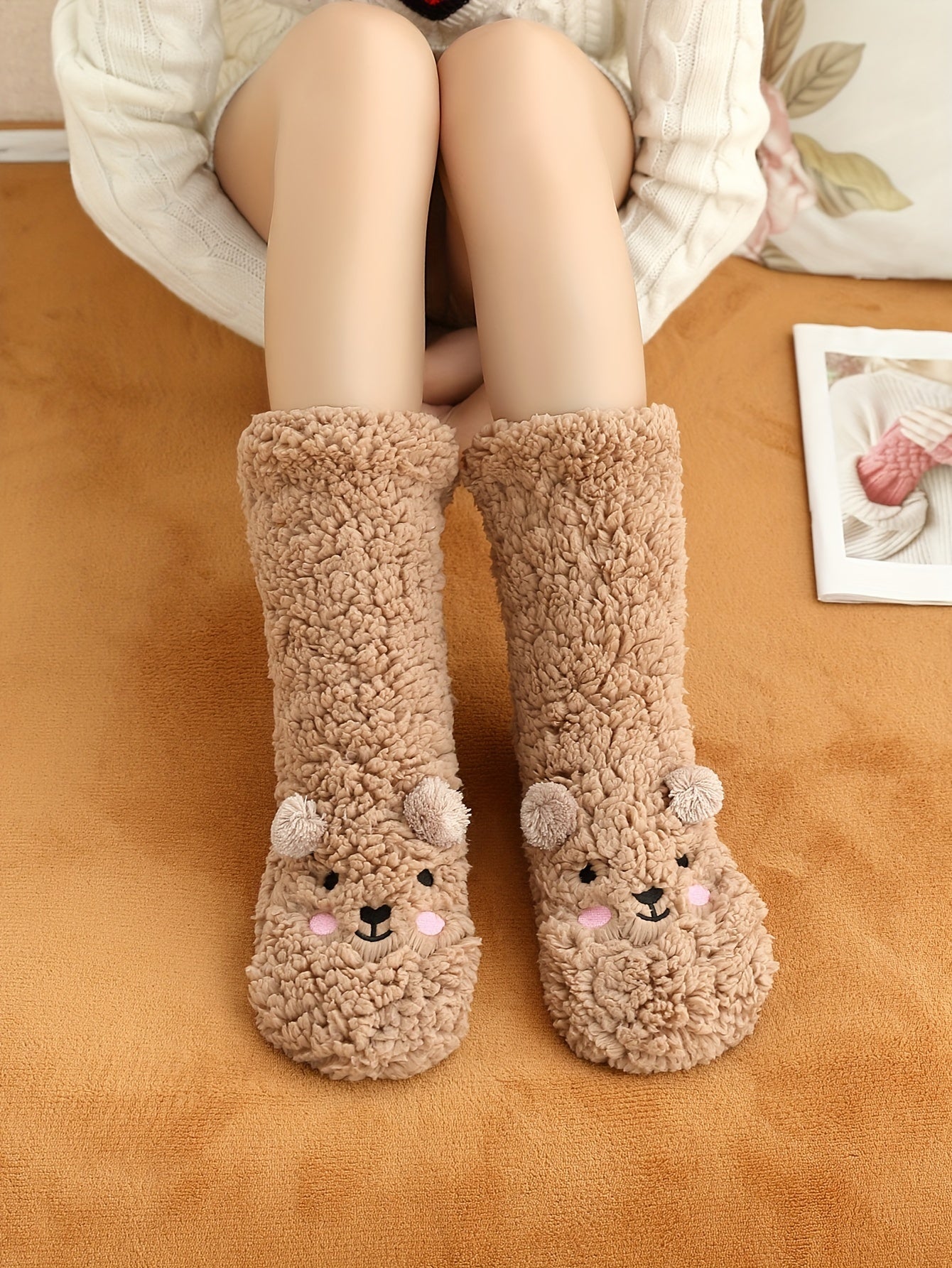 Cozy Coral Fleece Winter Socks for Women - Cute Cartoon Design, Non-Slip Floor Grip, Plus Size Sleeping & Fuzzy Mid-Calf Socks.