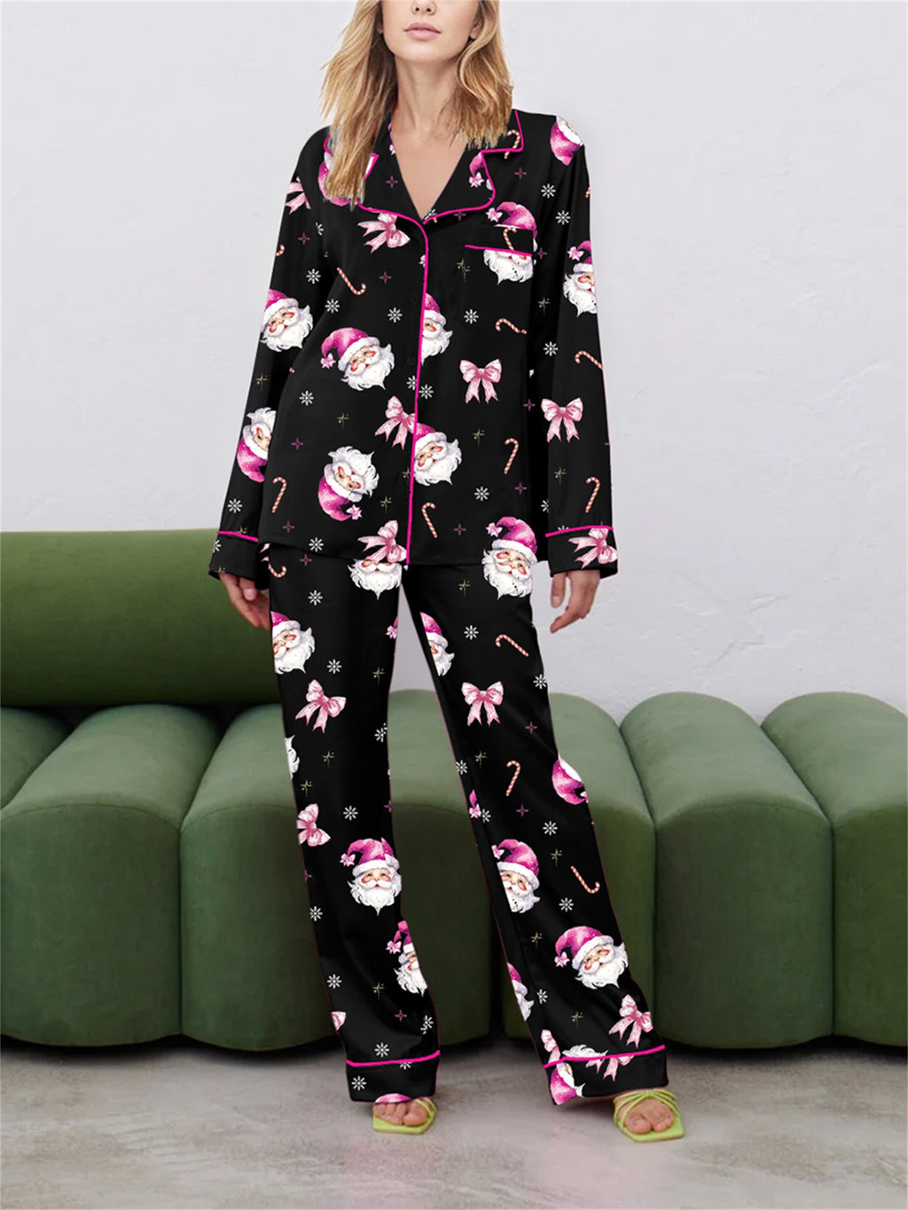 Women Christmas Pajama Set, Santa Claus Print Long Sleeve Shirt with Pants Sleepwear Loungewear