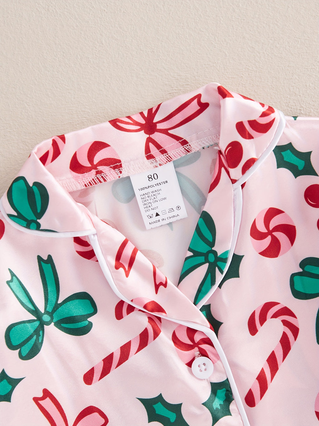 Girl Christmas Pajama Sets Bow/Candy Cane Print Lapel Neck Button-up Tops Long Pant Loungewear