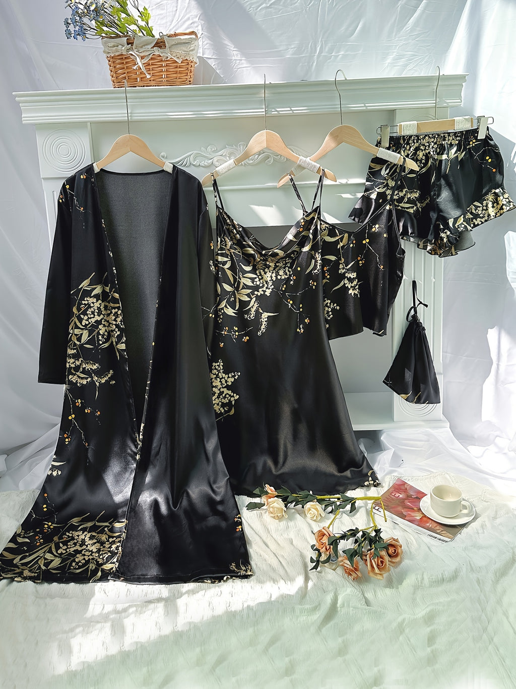 Autumn Winter Women's Printed Pajamas - Thin Sleepwear Set with Suspender Shorts & Skirt, Little Cherry Design