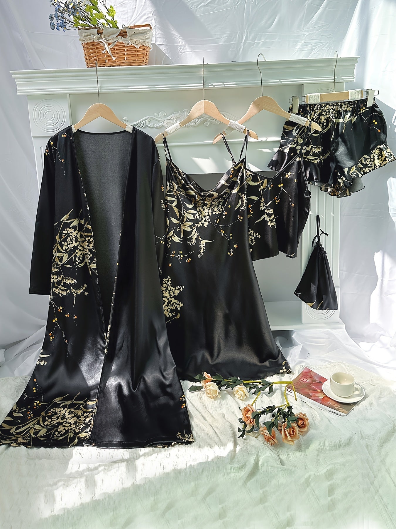 Autumn Winter Women's Printed Pajamas - Thin Sleepwear Set with Suspender Shorts & Skirt, Little Cherry Design