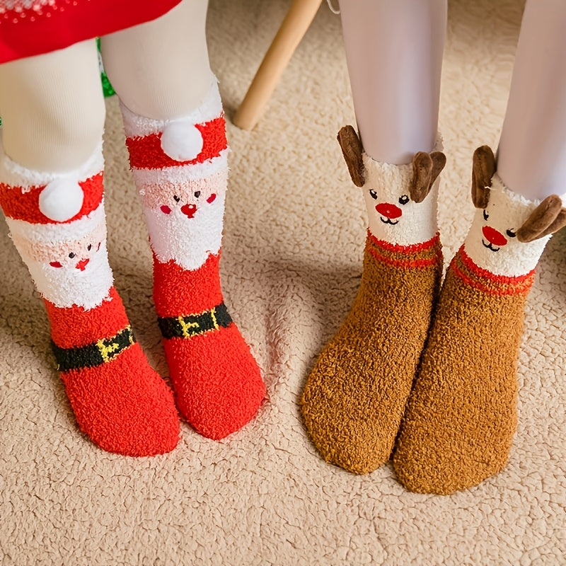 3 Pairs Cozy Christmas Socks for Women - Warm Mid-Calf Santa & Reindeer Design, Soft Plush Material, Perfect for Winter Holidays.