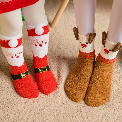 3 Pairs Cozy Christmas Socks for Women - Warm Mid-Calf Santa & Reindeer Design, Soft Plush Material, Perfect for Winter Holidays.