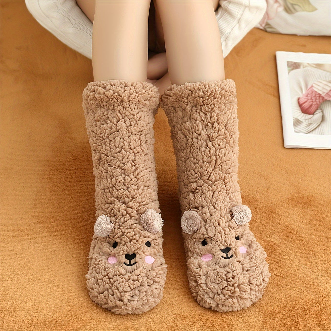 Cozy Coral Fleece Winter Socks for Women - Cute Cartoon Design, Non-Slip Floor Grip, Plus Size Sleeping & Fuzzy Mid-Calf Socks.