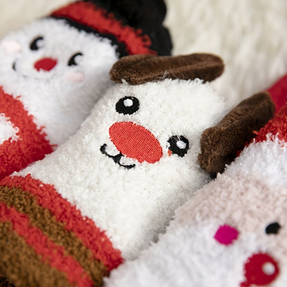 3 Pairs Cozy Christmas Socks for Women - Warm Mid-Calf Santa & Reindeer Design, Soft Plush Material, Perfect for Winter Holidays.