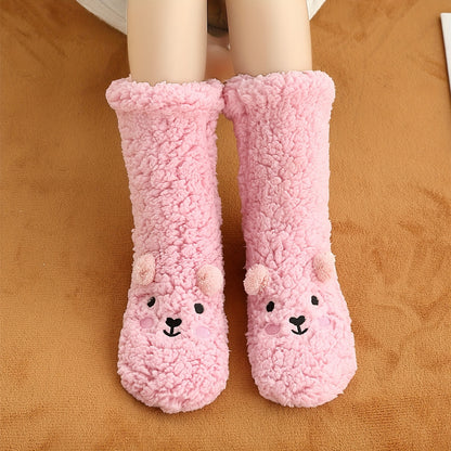 Cozy Coral Fleece Winter Socks for Women - Cute Cartoon Design, Non-Slip Floor Grip, Plus Size Sleeping & Fuzzy Mid-Calf Socks.