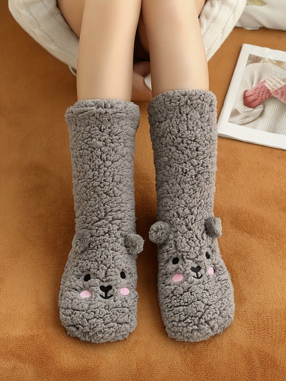 Cozy Coral Fleece Winter Socks for Women - Cute Cartoon Design, Non-Slip Floor Grip, Plus Size Sleeping & Fuzzy Mid-Calf Socks.