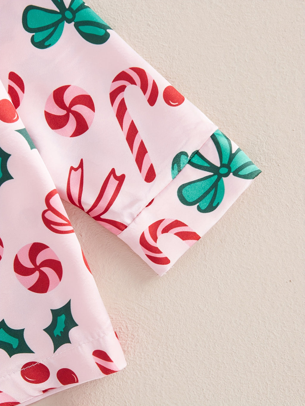 Girl Christmas Pajama Sets Bow/Candy Cane Print Lapel Neck Button-up Tops Long Pant Loungewear