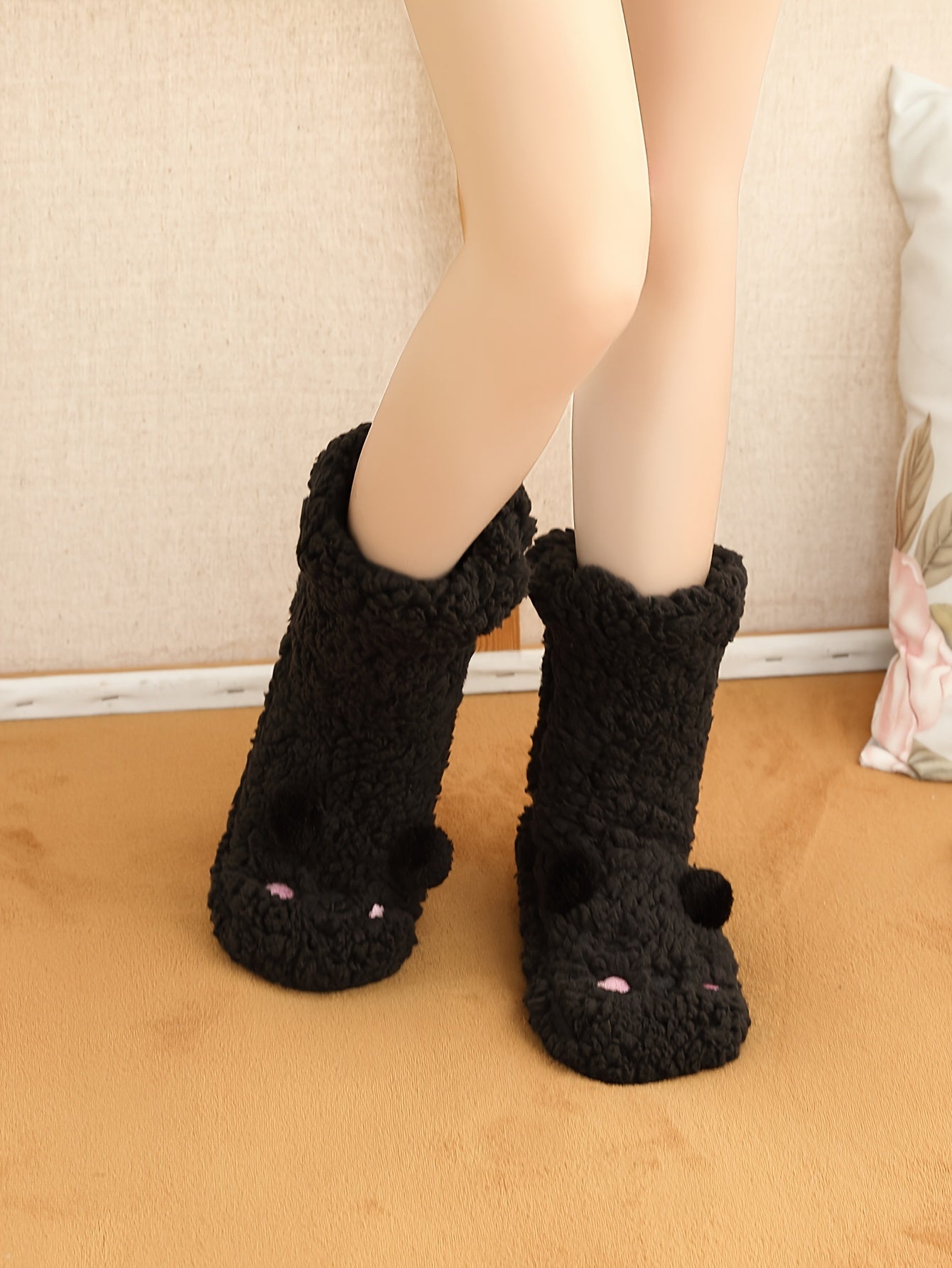 Cozy Coral Fleece Winter Socks for Women - Cute Cartoon Design, Non-Slip Floor Grip, Plus Size Sleeping & Fuzzy Mid-Calf Socks.