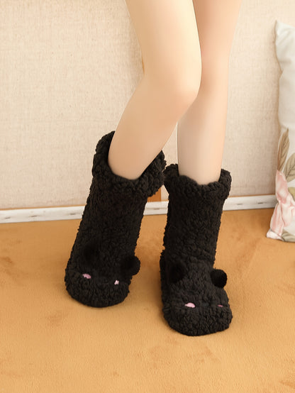 Cozy Coral Fleece Winter Socks for Women - Cute Cartoon Design, Non-Slip Floor Grip, Plus Size Sleeping & Fuzzy Mid-Calf Socks.