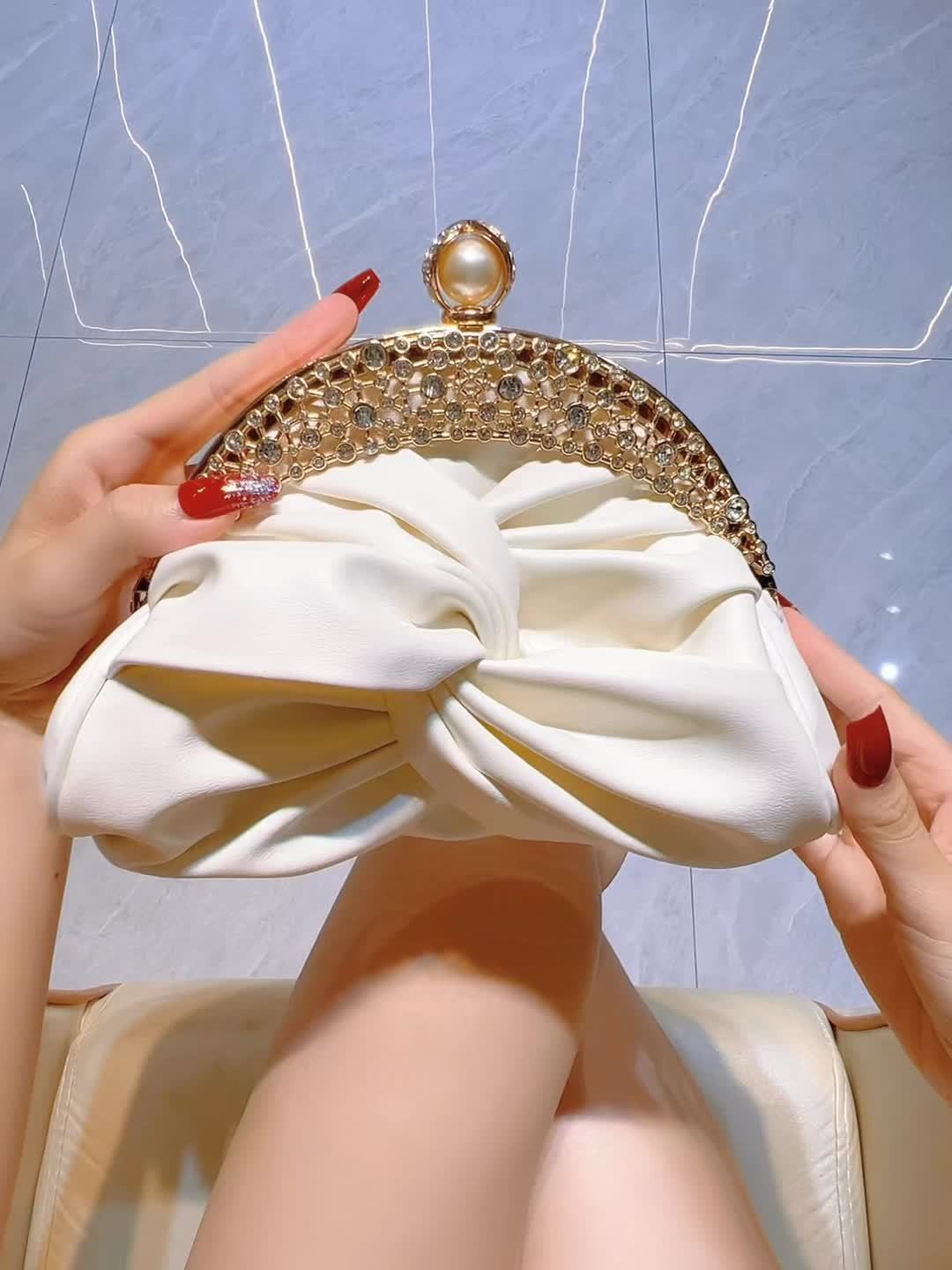 Elegant White Mini Clutch with Golden Rhinestone Crown, Removable Shoulder Strap, and Pearl Accents - Perfect for Evening Parties, Banquets, and Special Occasions, Ladies' Handbag