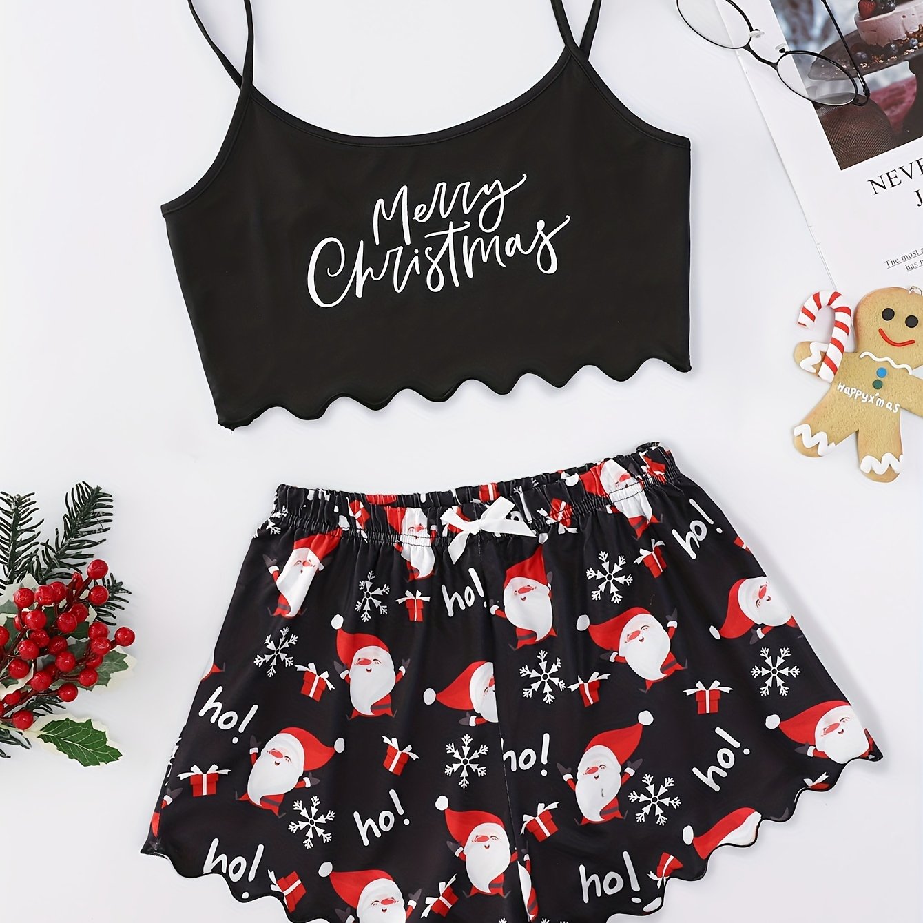 Women's Festive Christmas Pajama Set - Cozy Polyester Cami Top & Shorts with Santa Print, Machine Washable