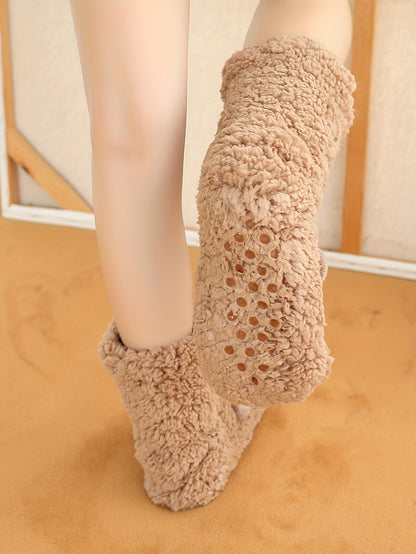 Cozy Coral Fleece Winter Socks for Women - Cute Cartoon Design, Non-Slip Floor Grip, Plus Size Sleeping & Fuzzy Mid-Calf Socks.