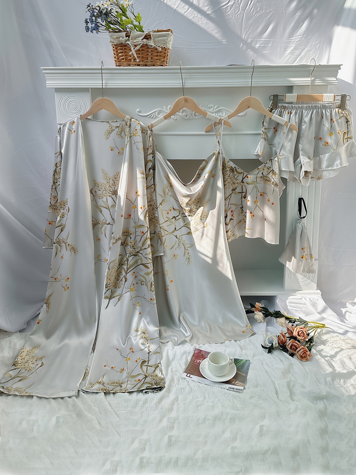 Autumn Winter Women's Printed Pajamas - Thin Sleepwear Set with Suspender Shorts & Skirt, Little Cherry Design