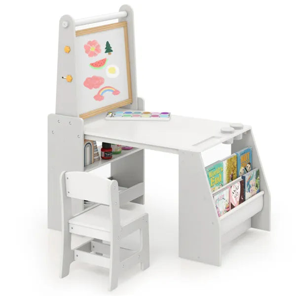 Grey Kids Activity Table With Magnetic Whiteboard/Chalkboard & Paper Roll, Multi-Storage Art Desk For Drawing & Studying