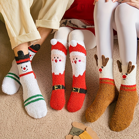 3 Pairs Cozy Christmas Socks for Women - Warm Mid-Calf Santa & Reindeer Design, Soft Plush Material, Perfect for Winter Holidays.