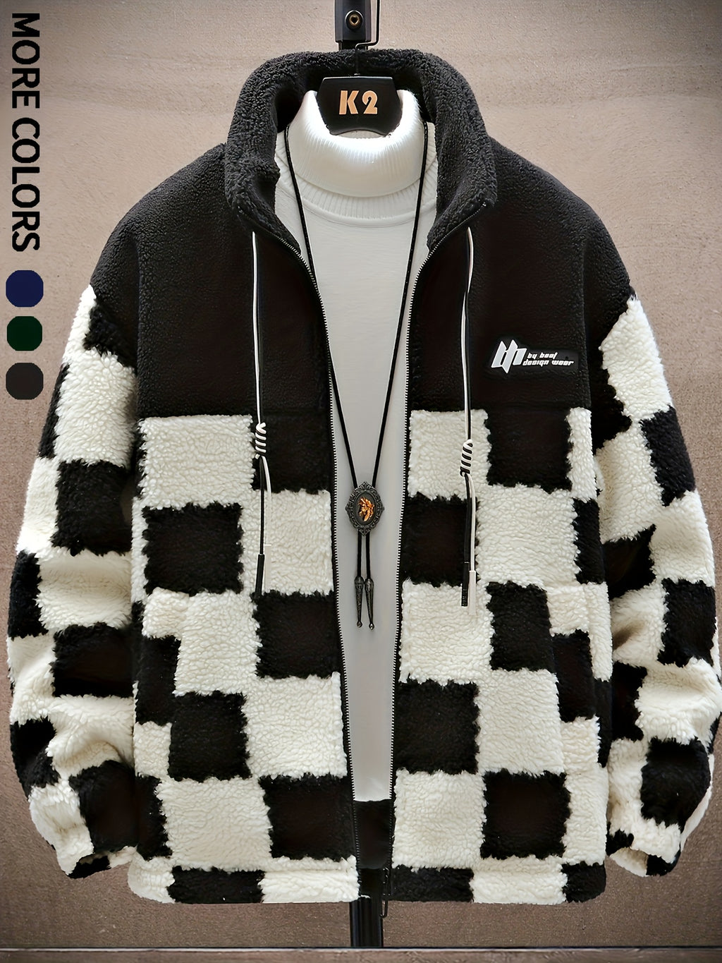 [Plush Winter Coat] Blue & White Plush Checkered Winter Coat | Men's Loose Fit, Stand Collar, Zip-Up Jacket with Drawstring Hood, Casual Style for Fall/Winter