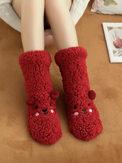 Cozy Coral Fleece Winter Socks for Women - Cute Cartoon Design, Non-Slip Floor Grip, Plus Size Sleeping & Fuzzy Mid-Calf Socks.