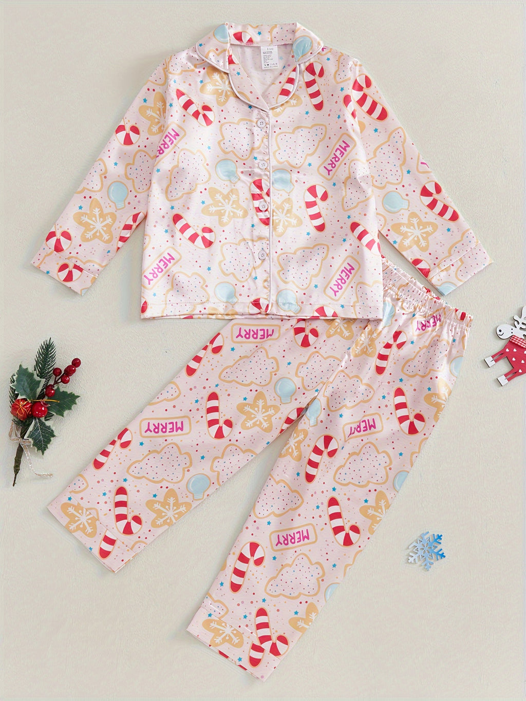 Kids Christmas Pajama Sets Gingerbread Man/Candy Cane Print Lapel Neck Button-up Tops Long Pant Loungewear