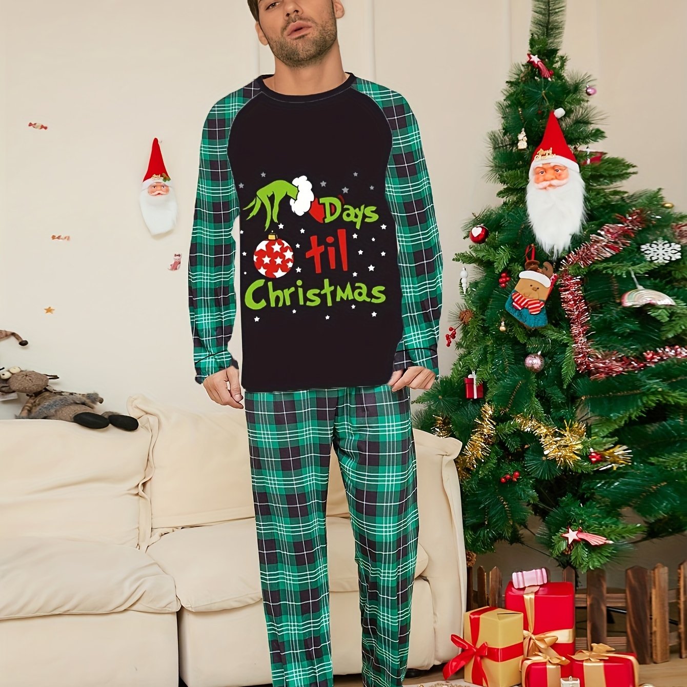 Long Sleeve Plaid Men'S Christmas Pajama Set, Elastic Waist, Cartoon Print, Party Style, Knit Polyester Fabric, Home Loungewear