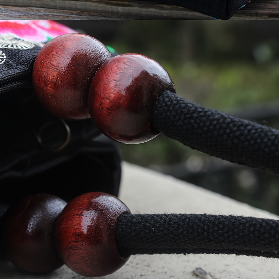 Ethnic Style Double-Sided Embroidered Handbag with Wooden Bead Handles & Dual Zipper Closure - Vibrant Floral Mandala Design on Durable Fabric Purse for Women, Casual & Formal Events, Intricate Embroidery