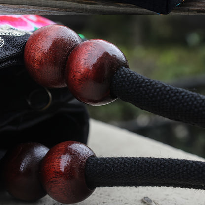 Ethnic Style Double-Sided Embroidered Handbag with Wooden Bead Handles & Dual Zipper Closure - Vibrant Floral Mandala Design on Durable Fabric Purse for Women, Casual & Formal Events, Intricate Embroidery