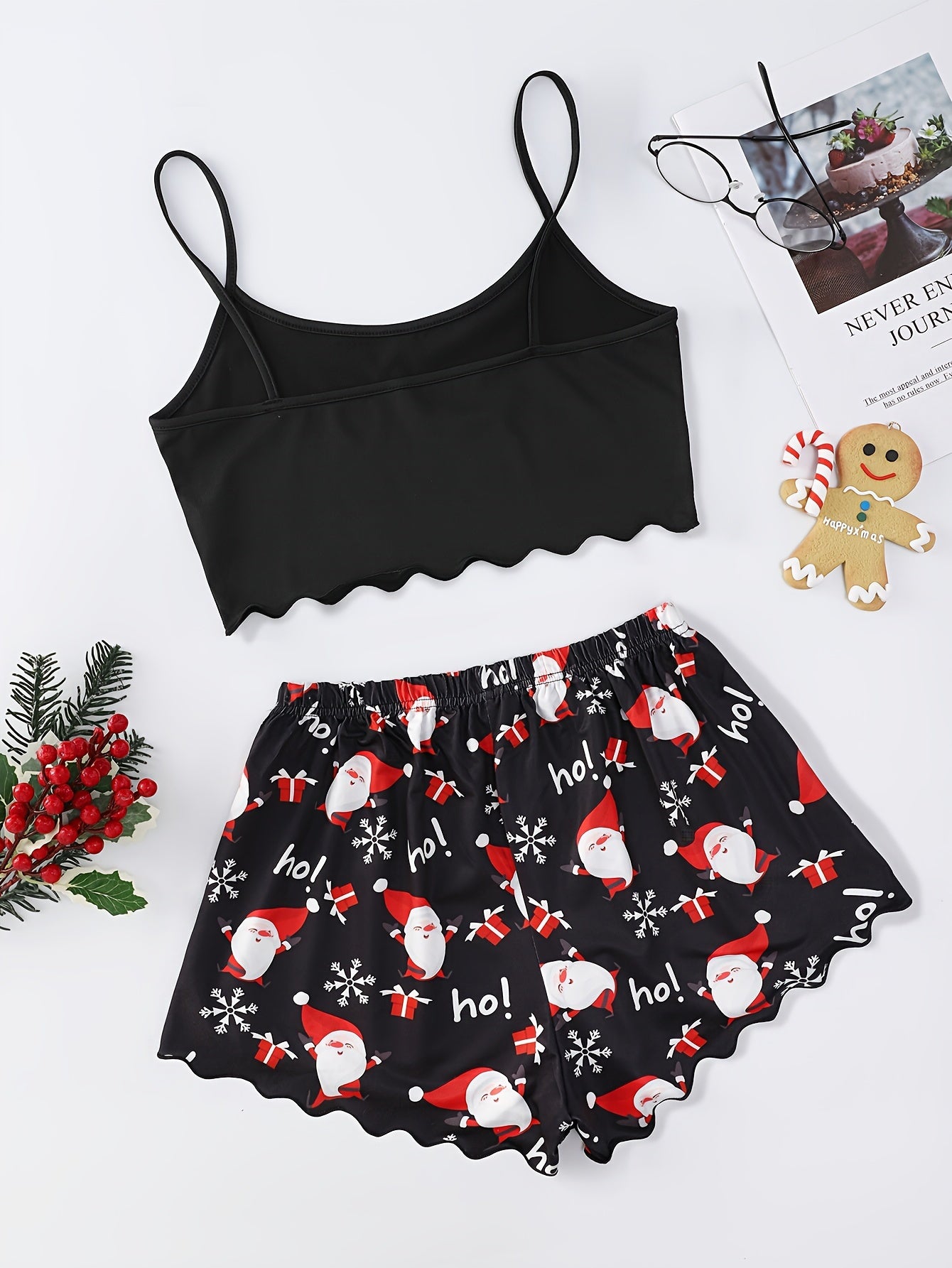 Women's Festive Christmas Pajama Set - Cozy Polyester Cami Top & Shorts with Santa Print, Machine Washable