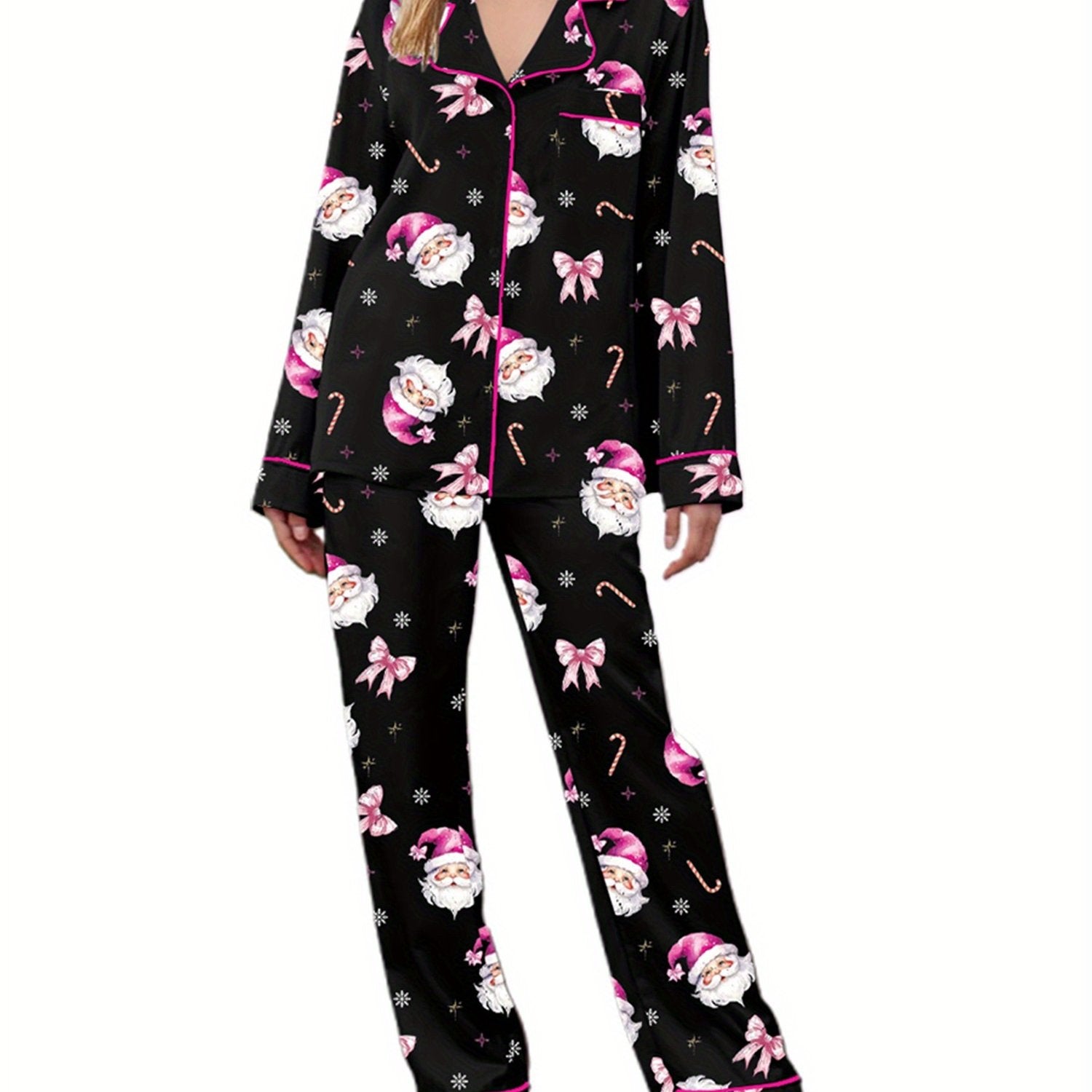 Women Christmas Pajama Set, Santa Claus Print Long Sleeve Shirt with Pants Sleepwear Loungewear