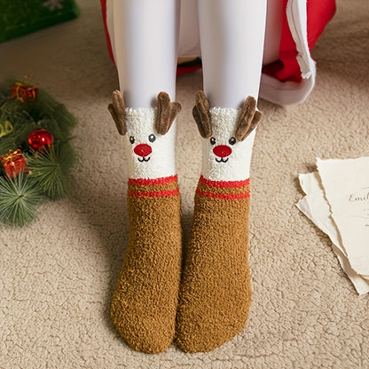 3 Pairs Cozy Christmas Socks for Women - Warm Mid-Calf Santa & Reindeer Design, Soft Plush Material, Perfect for Winter Holidays.